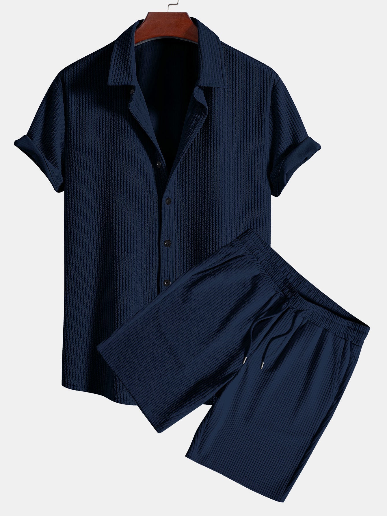 Ribbed Muscle Fit Button-Up Shirt and Shorts Set