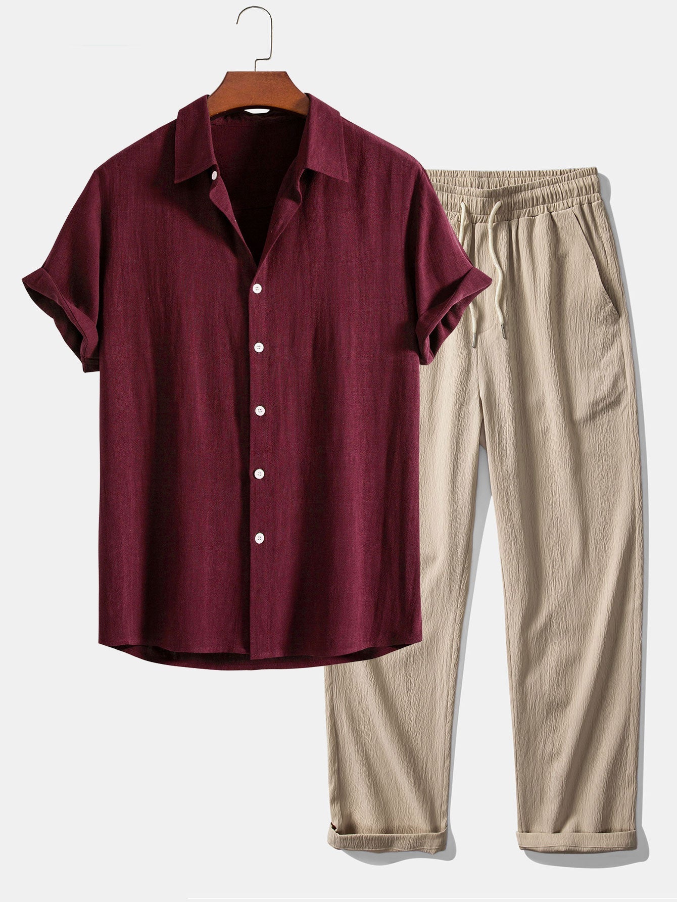 Linen-Rayon Blend Button-Up Shirt with Wrinkle-Textured Straight-Leg Pants