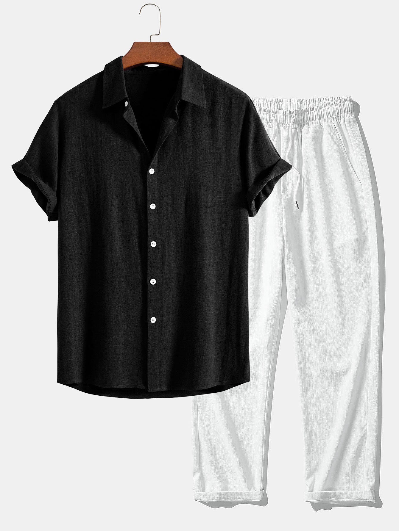 Linen-Rayon Blend Button-Up Shirt with Wrinkle-Textured Straight-Leg Pants