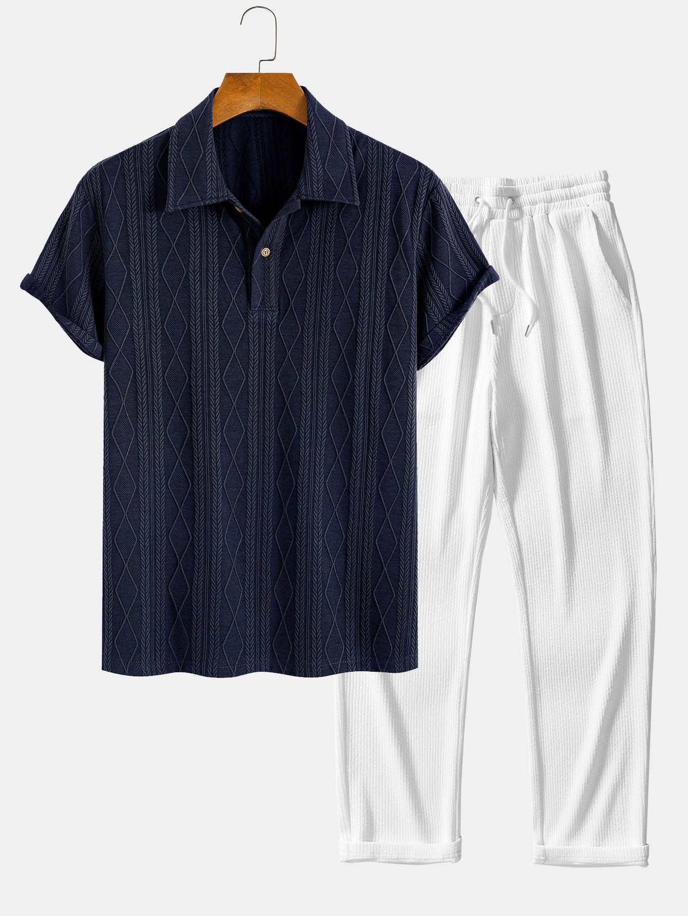 Geometric Rhombus Jacquard Knit Polo with Straight Leg Ribbed Trousers
