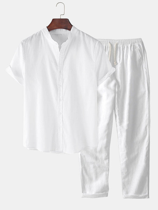 Linen-Style Short Sleeve Basic Shirts & Straight Leg Linen Trousers