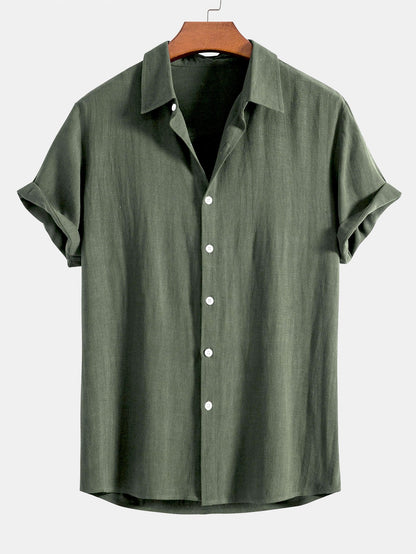 Linen-Rayon Blend Button-Up Shirt with Wrinkle-Textured Straight Leg Pants