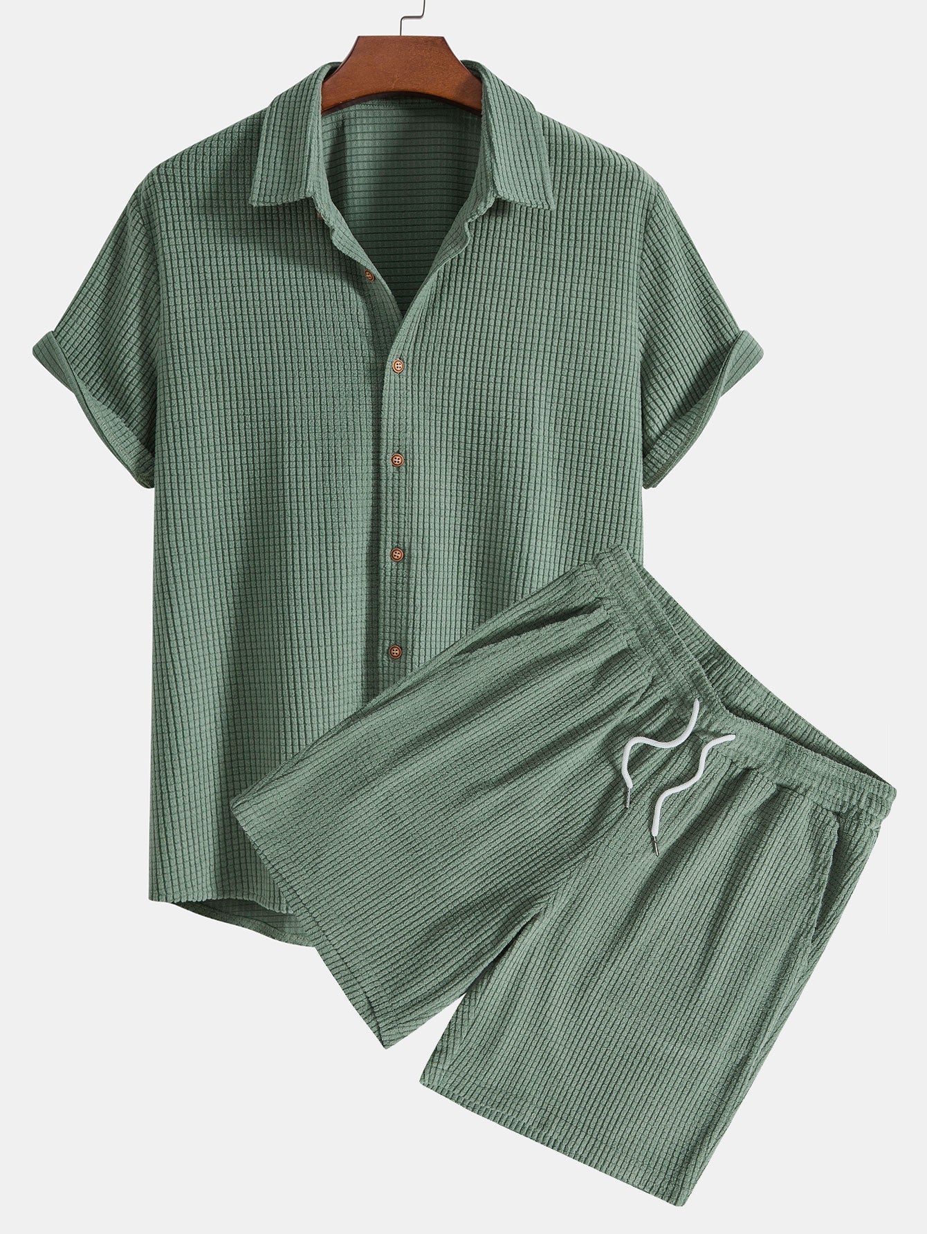 Completo camicia e pantaloncini in maglia a nido d'ape con bottoni