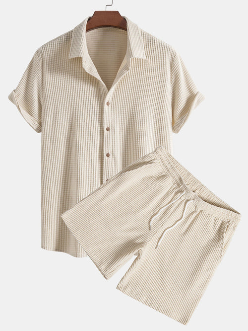 Waffle Knit Button-Up Shirt and Shorts Set