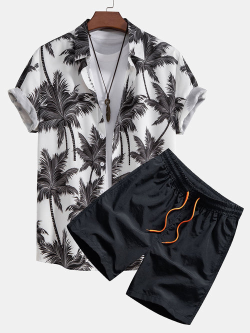 Button-Up Shirt and Swim Shorts with Palm Tree Print