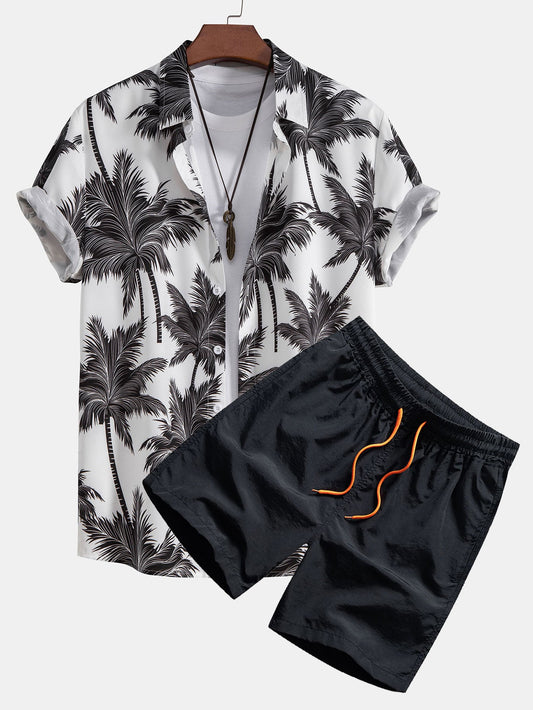 Camicia con bottoni e pantaloncini da bagno con stampa di palme