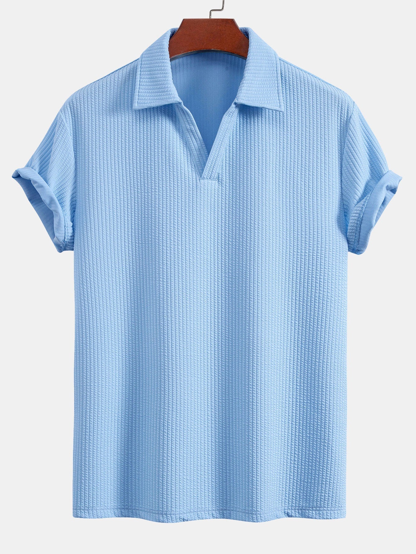 V-Neck Ribbed Polo with Short Sleeves & Straight Leg Ribbed Trousers