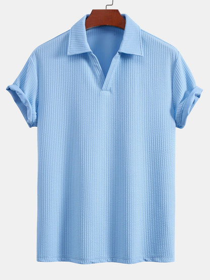 V-Neck Ribbed Polo with Short Sleeves & Straight Leg Ribbed Trousers