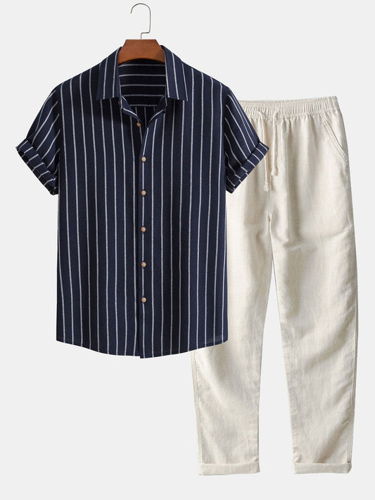 Striped Cotton Blend Button-Up Shirt with Straight-Leg Linen Trousers
