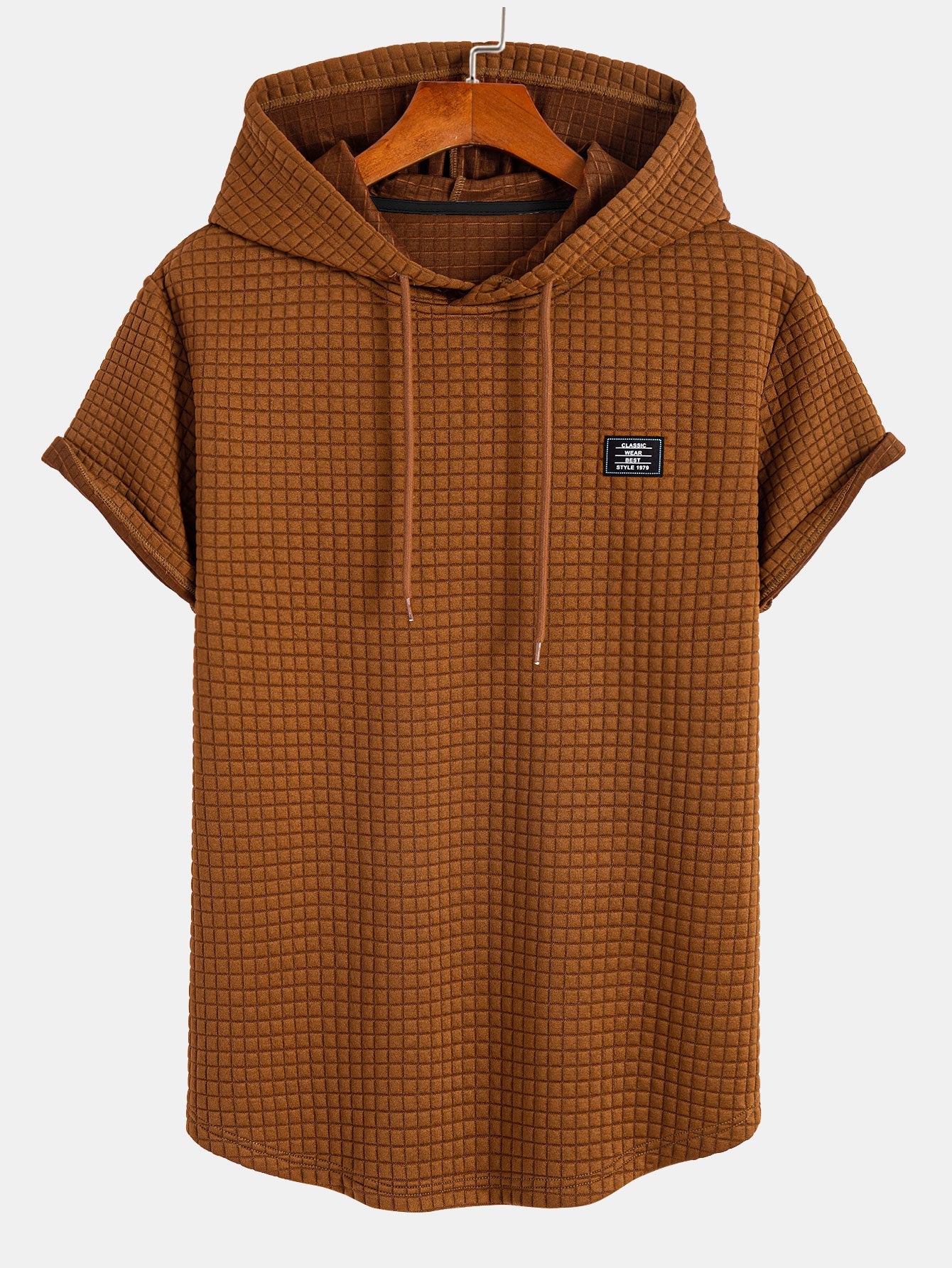 T-shirt con cappuccio in maglia a nido d'ape e orlo ad arco