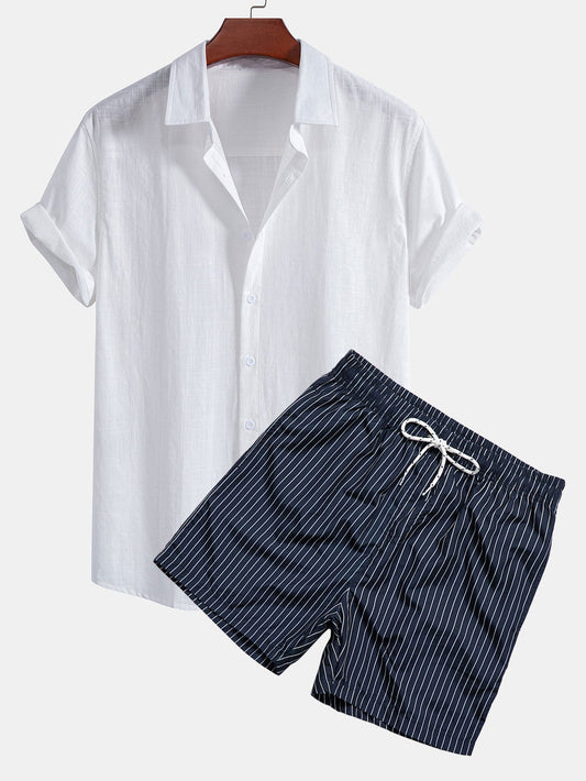 Camicia in cotone con bottoni e effetto lino e pantaloncini da bagno a righe