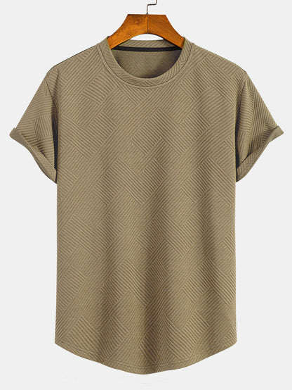 Striped Jacquard Short Sleeve T-Shirt with Arc Hem