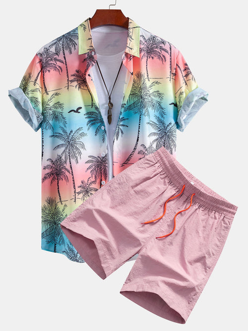 Button-Up Shirt and Swim Shorts Set with Palm Tree and Seagull Print