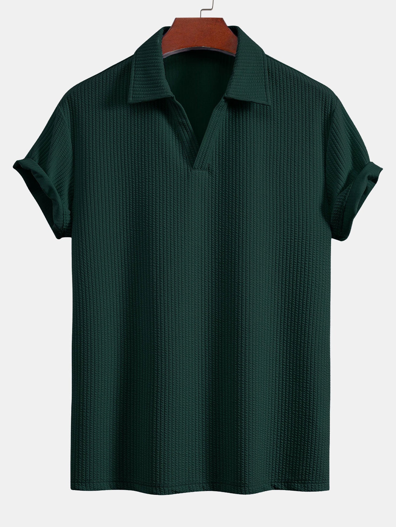V-Neck Ribbed Polo with Short Sleeves & Straight Leg Ribbed Trousers