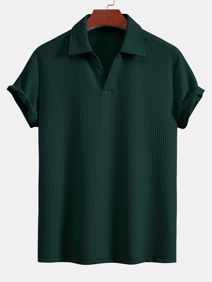 V-Neck Ribbed Polo with Short Sleeves & Straight Leg Ribbed Trousers