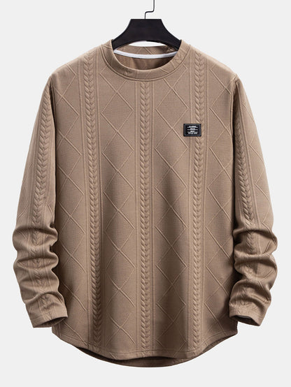 Geometric Jacquard Long Sleeve T-Shirt with Arc Hem