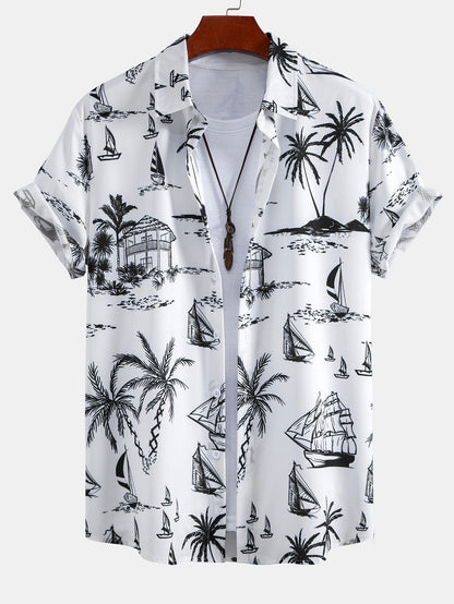 Button-Up Shirt with Island Sailing Print
