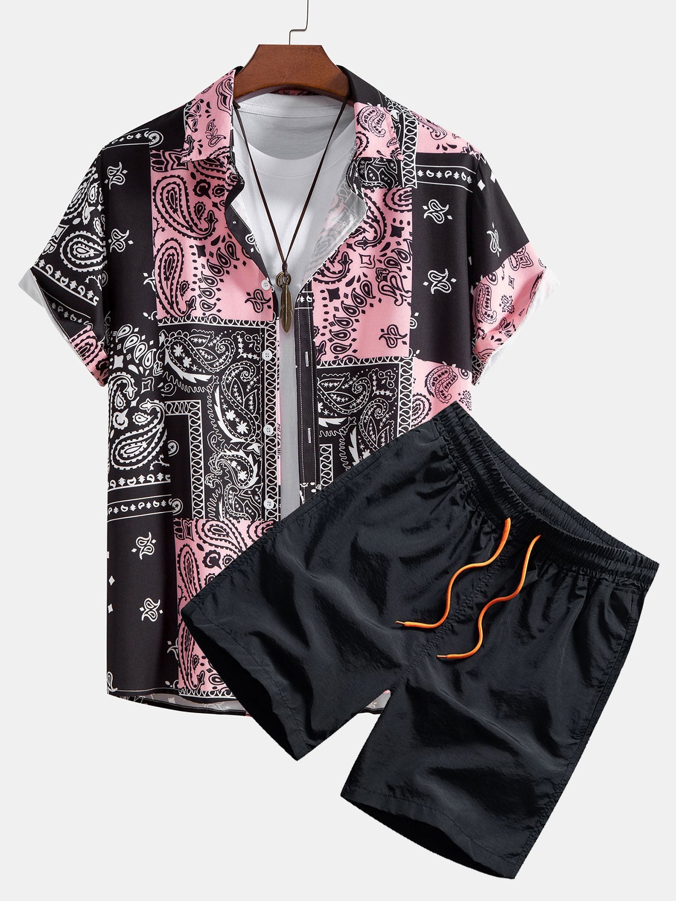 Paisley Print Button-Up Shirt with Swim Shorts - Unique Pattern Design