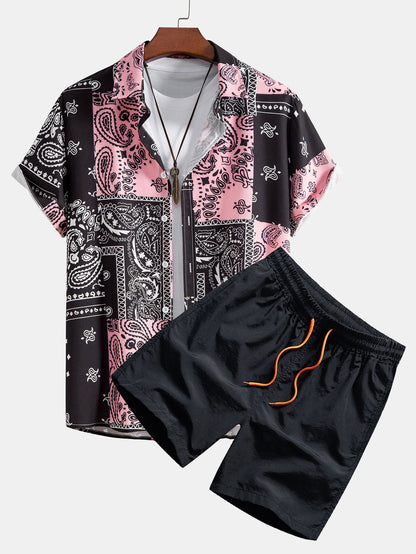 Paisley Print Button-Up Shirt with Swim Shorts - Unique Pattern Design