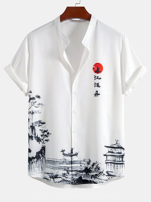 Stand Collar Shirt with Ink Landscape Artwork
