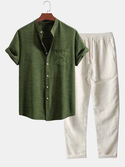 Short Sleeve Stand Collar Top & Straight Leg Linen Trousers