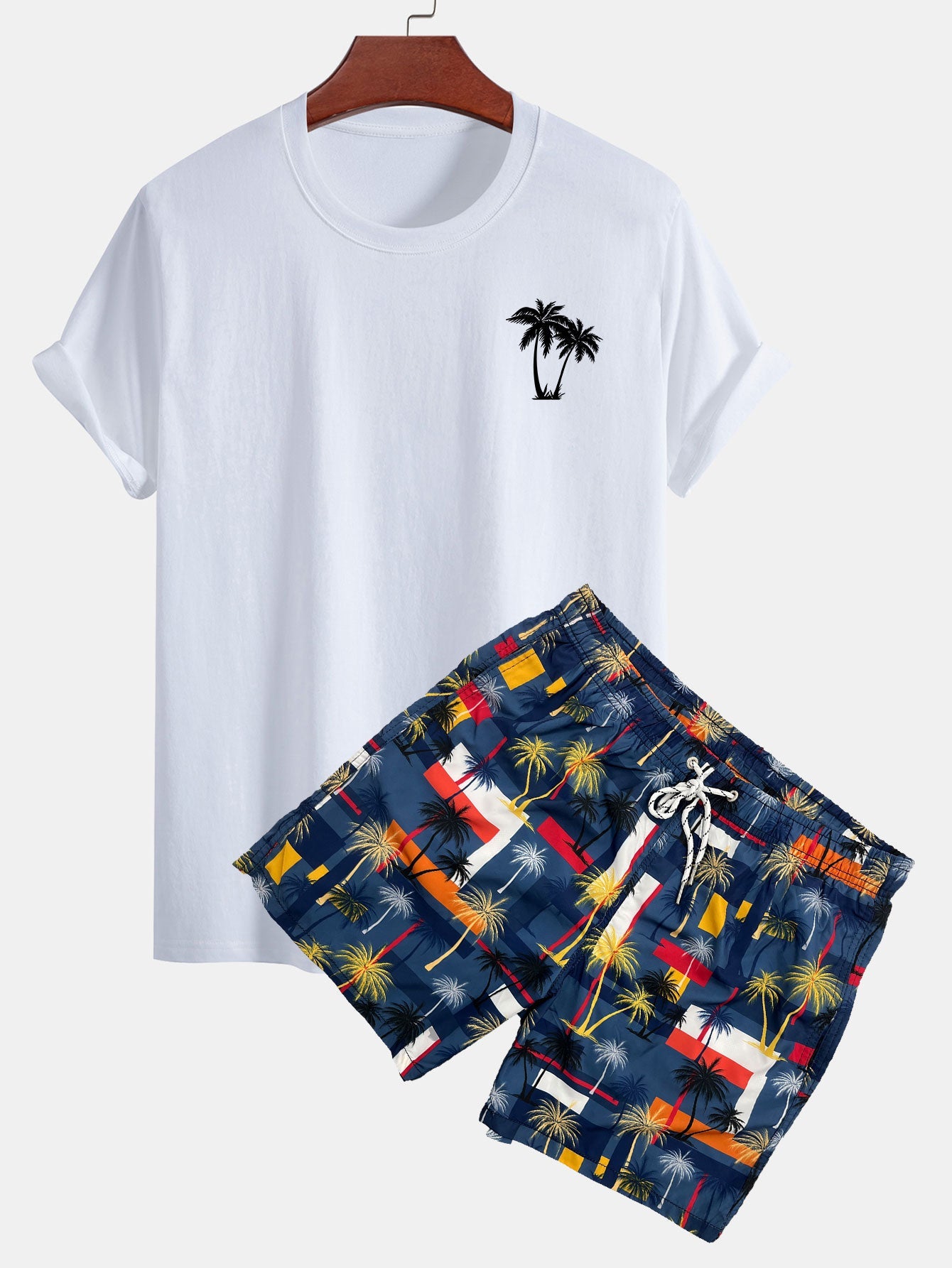 Baumwoll-T-Shirt mit klassischer Passform und Palmen-Print &amp; Badeshorts mit Farbblock-Palm