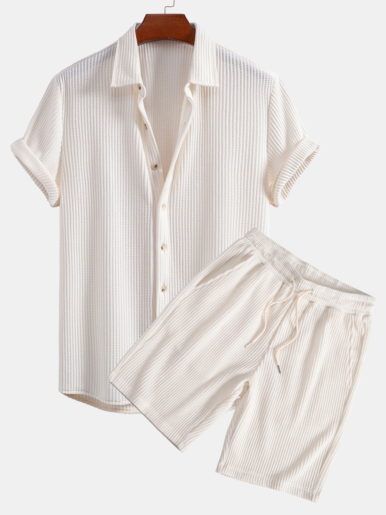Chemise boutonnée gaufrée avec short gaufré à cordon assorti