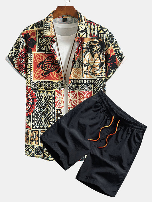 Completo camicia con bottoni e pantaloncini da bagno con stampa geometrica etnica di palma e tartaruga