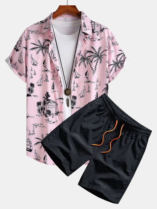 Button-Up Shirt and Swim Shorts Set with Palm Tree Sailboat Print