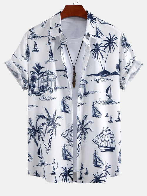 Button-Up Shirt with Island Sailing Print