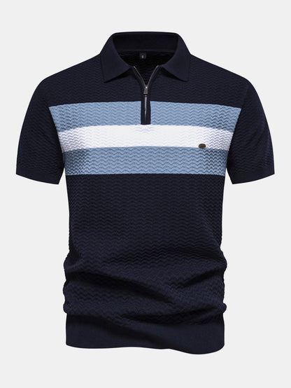 Textured Jacquard Knit Zip-Up Polo with Contrast Details