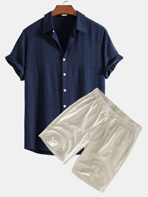 Button-Up Shirt and Drawstring Shorts Set in Linen-Rayon Blend