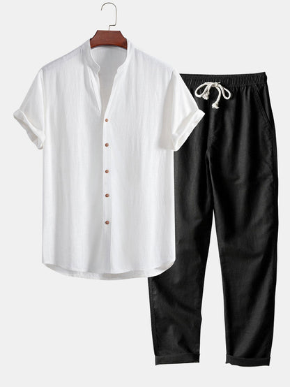 V-Neck Linen-Rayon Blend Top with Straight Leg Linen Trousers