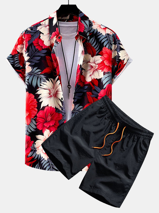 Camicia con bottoni e stampa floreale tropicale con pantaloncini da bagno coordinati