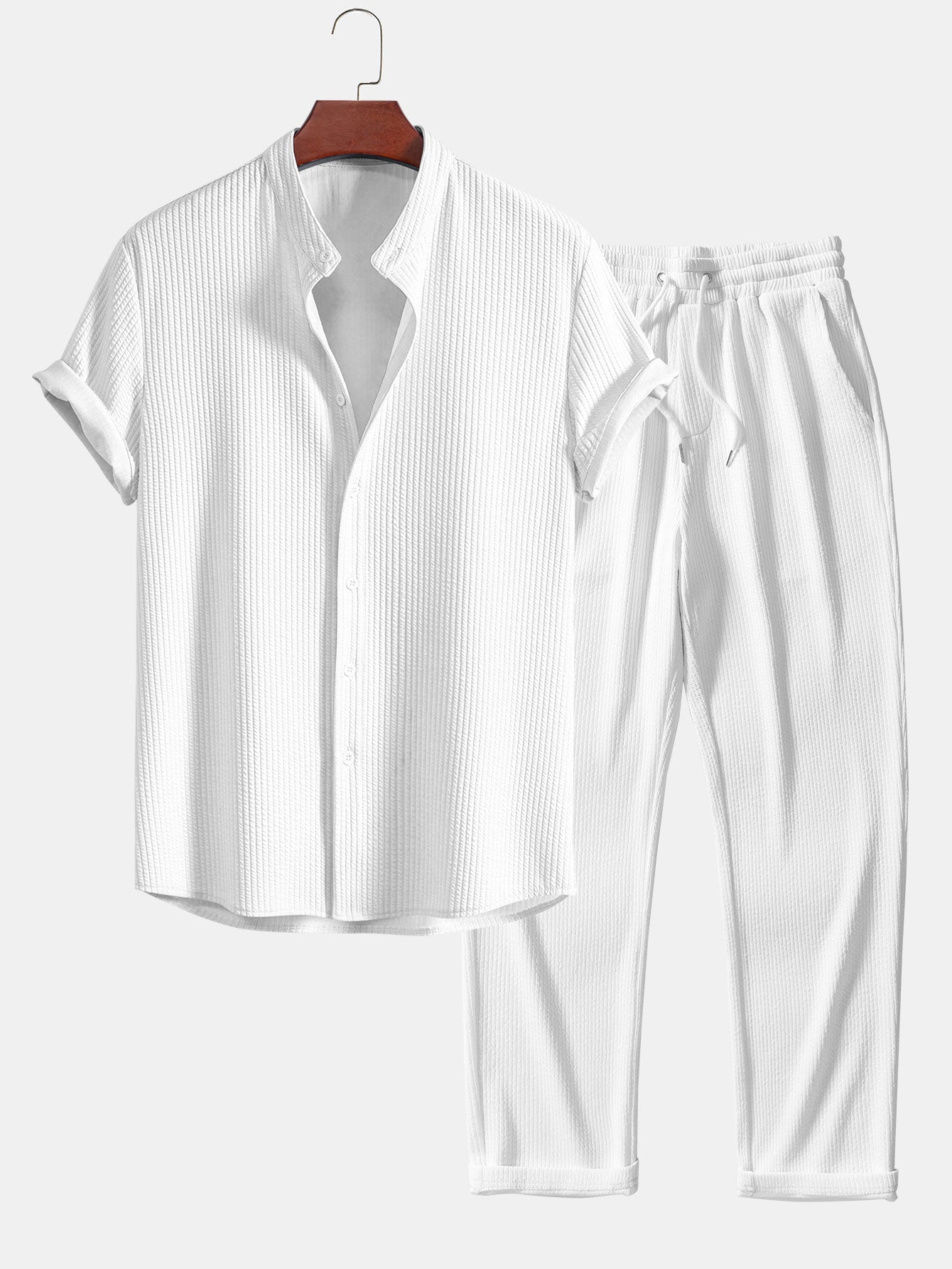 Muscle Fit Ribbed Stand Collar Top & Straight Leg Ribbed Trousers