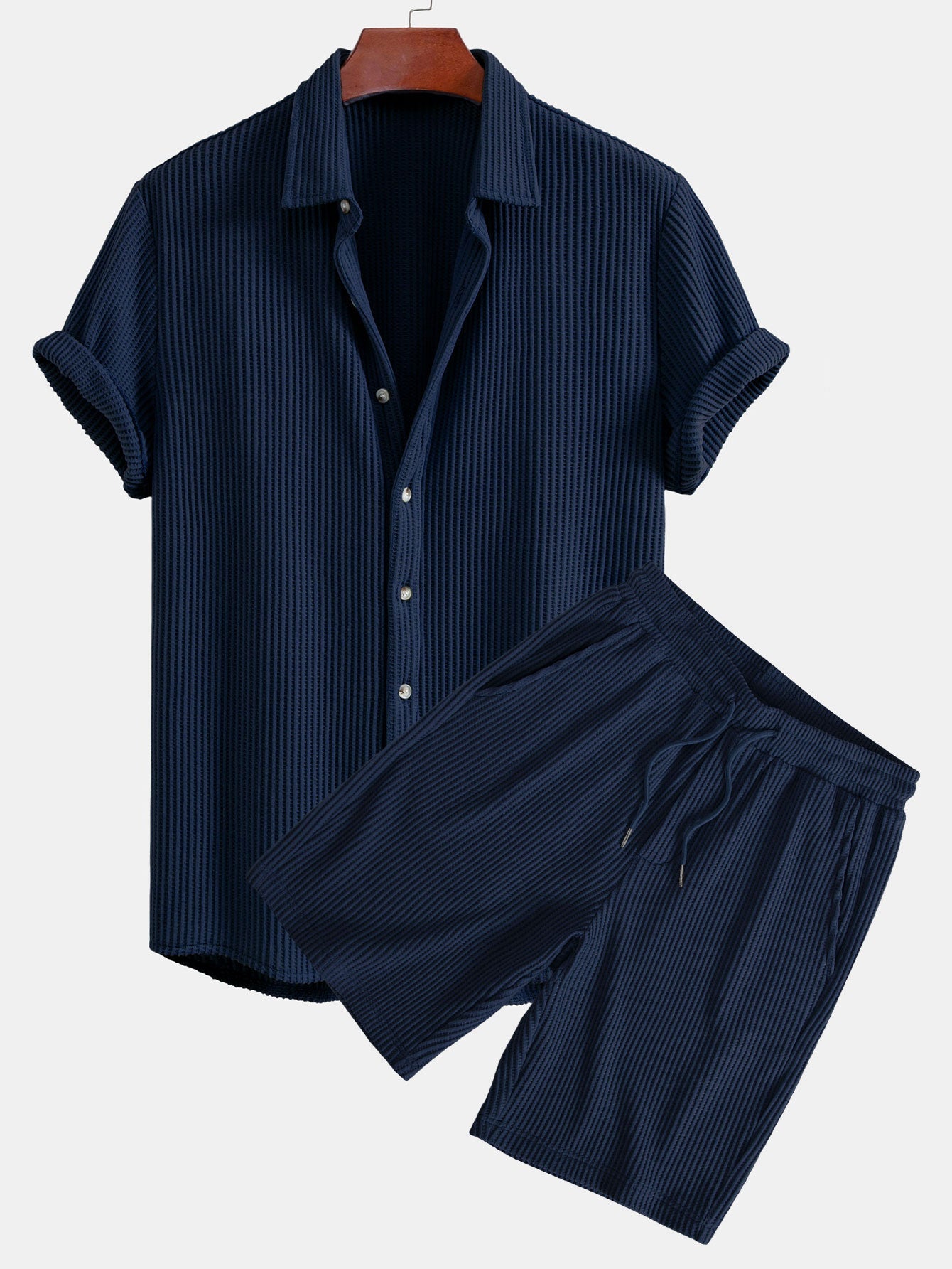 Chemise boutonnée gaufrée avec short gaufré à cordon assorti