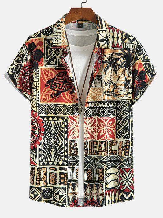 Button-Up Shirt with Palm Tree and Turtle Ethnic Geometry Print