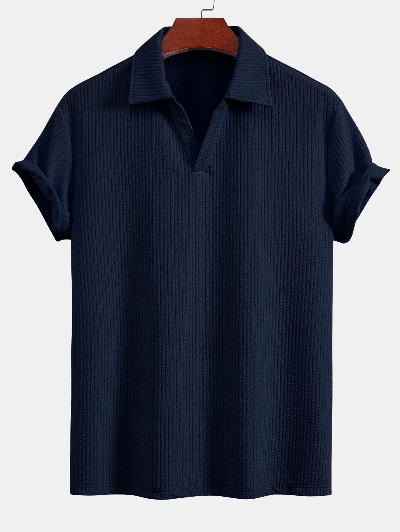 V-Neck Ribbed Polo with Short Sleeves & Straight Leg Ribbed Trousers