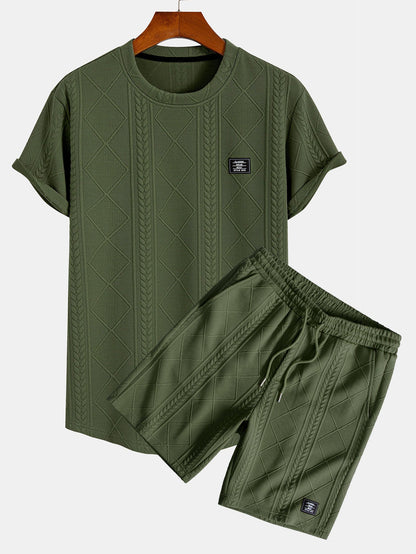 Geometric Jacquard Short Sleeve T-Shirt with Arc Hem & Matching Shorts