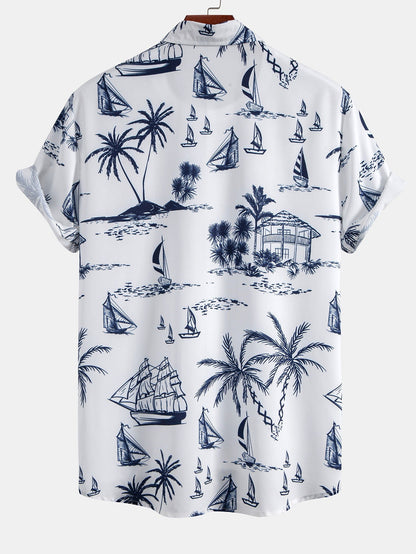 Button-Up Shirt with Island Sailing Print