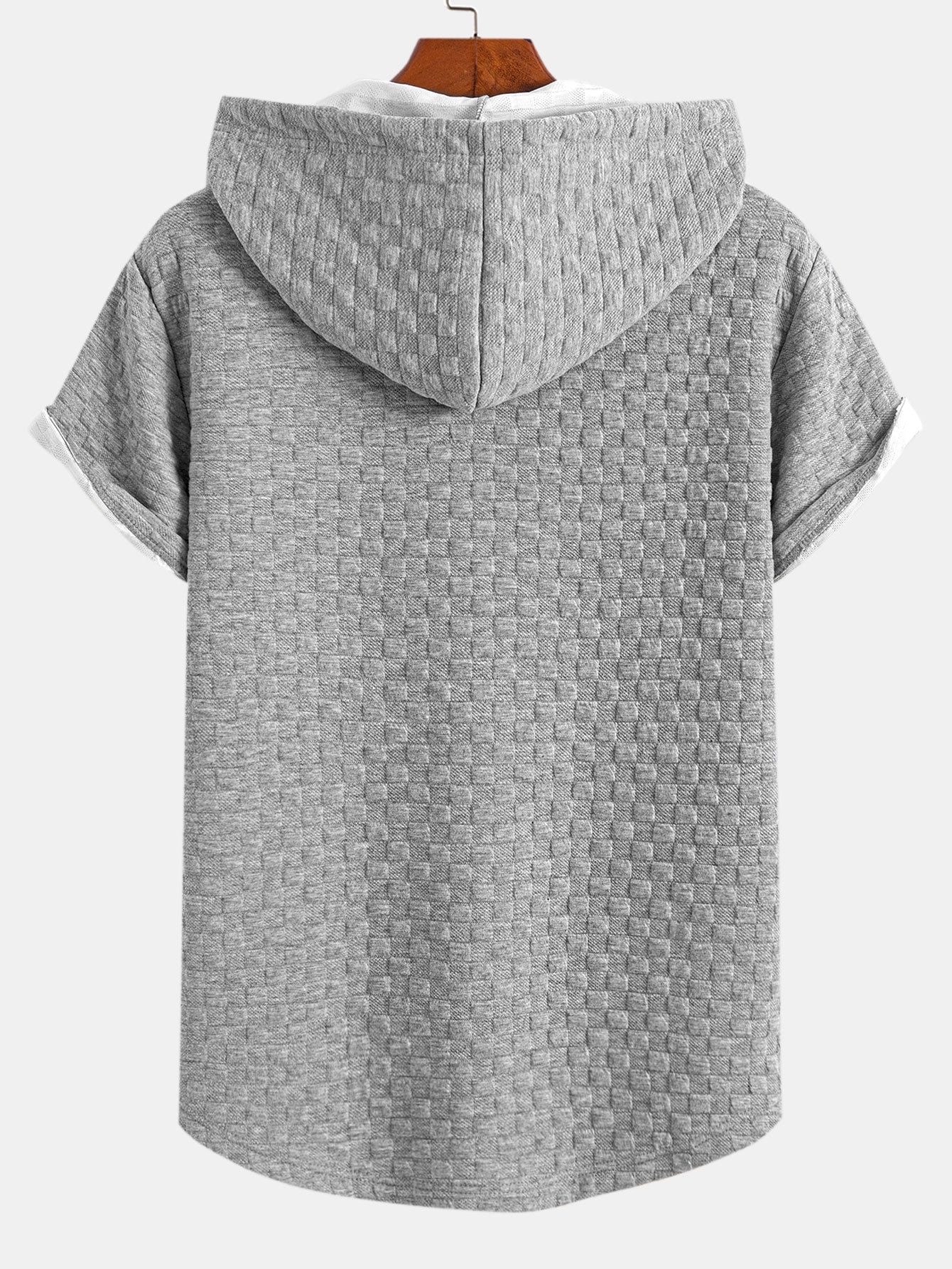 T-shirt con cappuccio in jacquard a scacchiera e orlo ad arco