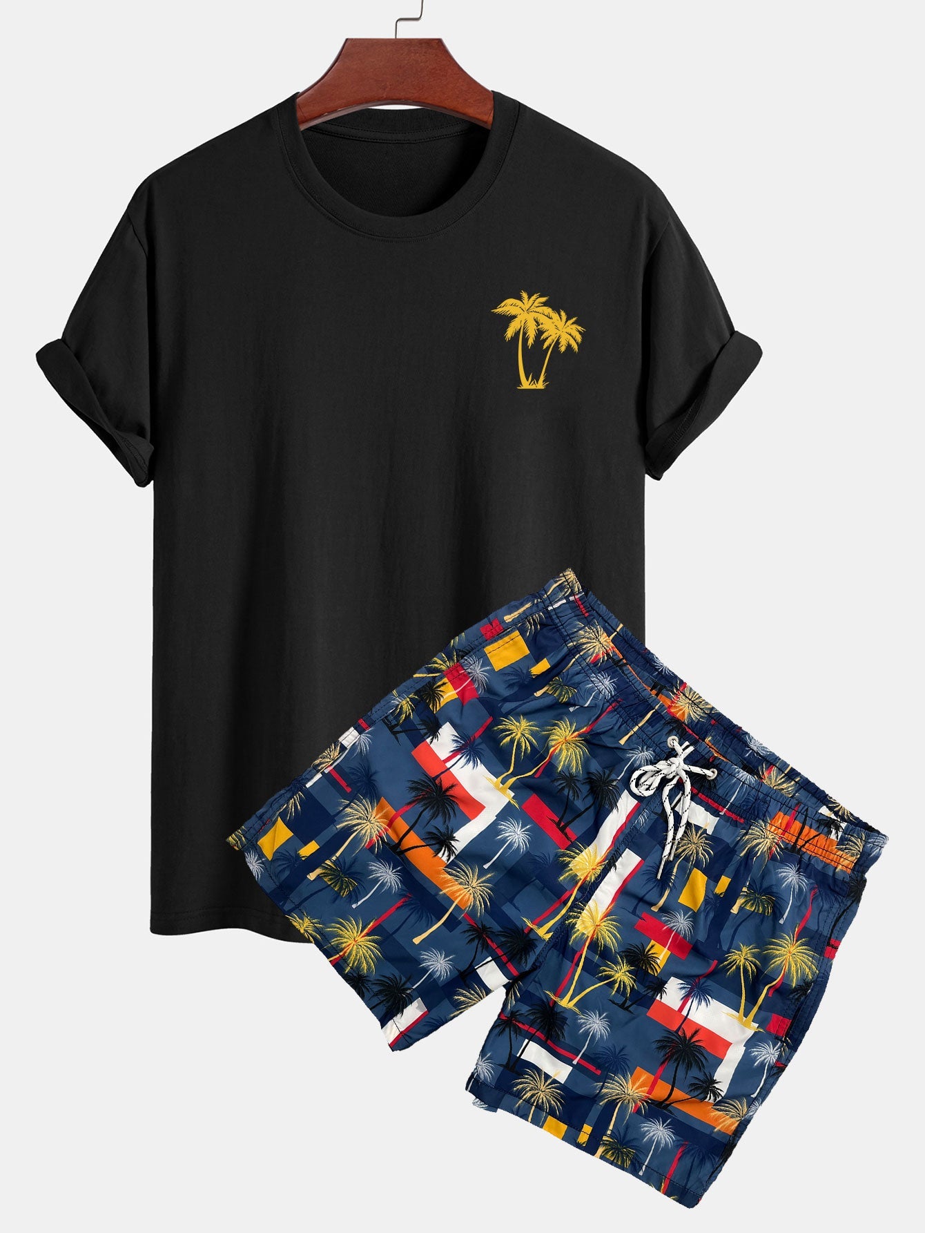 Baumwoll-T-Shirt mit klassischer Passform und Palmen-Print &amp; Badeshorts mit Farbblock-Palm
