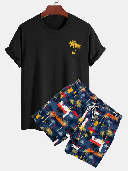 Baumwoll-T-Shirt mit klassischer Passform und Palmen-Print &amp; Badeshorts mit Farbblock-Palm