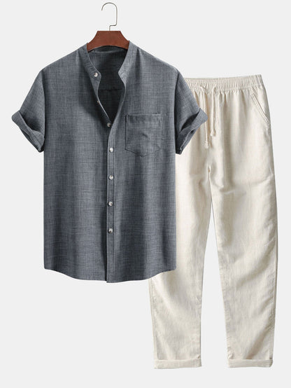 Short Sleeve Stand Collar Top & Straight Leg Linen Trousers