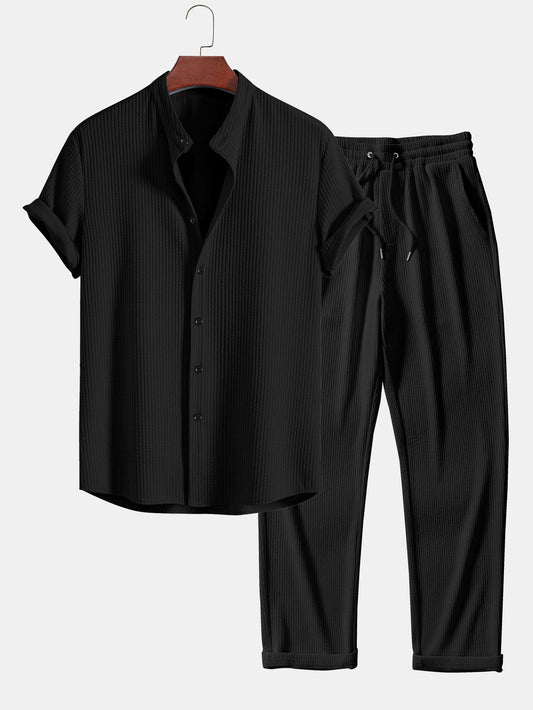 Muscle Fit Ribbed Stand Collar Top & Straight Leg Ribbed Trousers