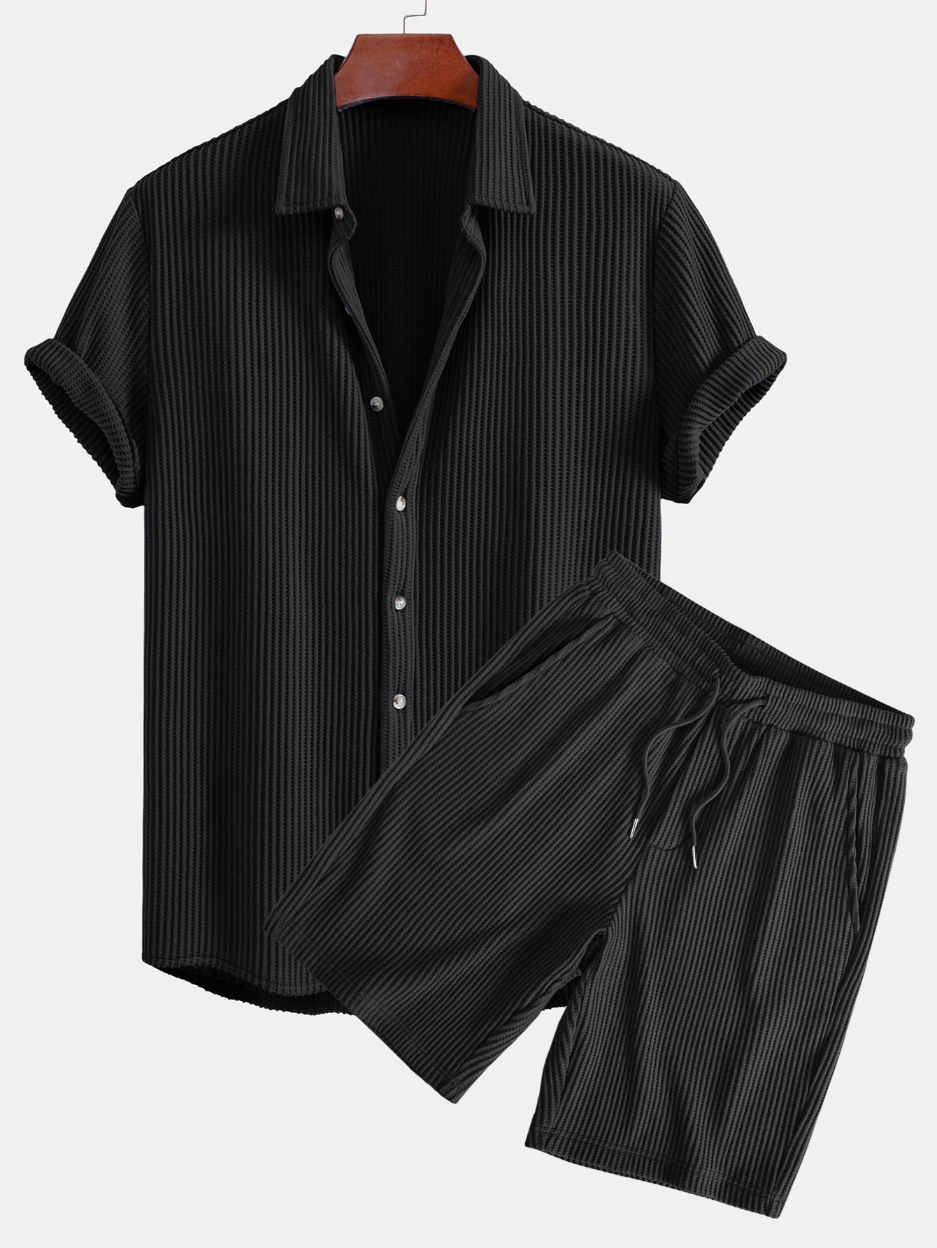 Chemise boutonnée gaufrée avec short gaufré à cordon assorti