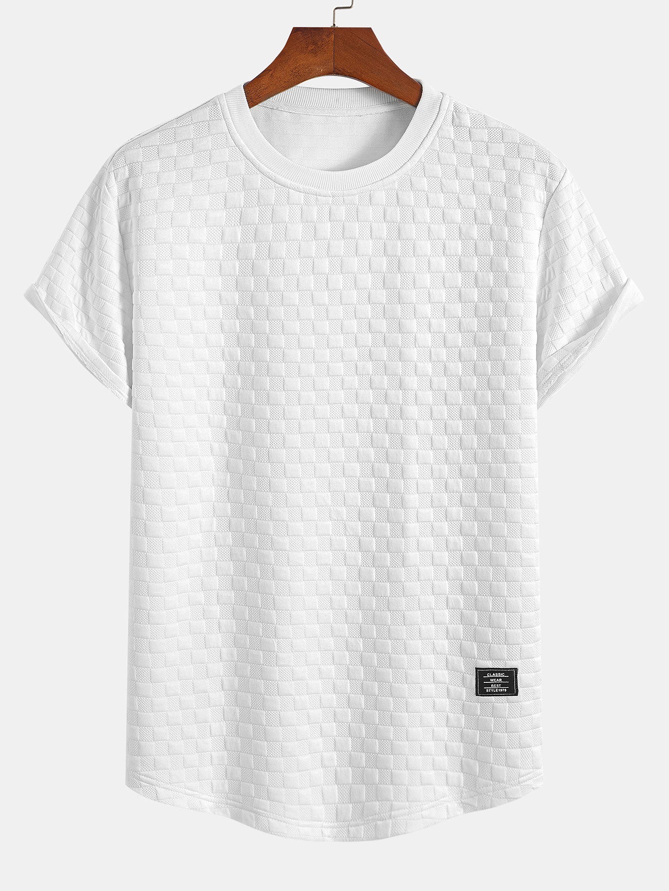 Checkerboard Jacquard Curved Hem T-Shirt