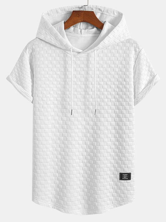 Checkerboard Jacquard Hooded T-Shirt with Arc Hem