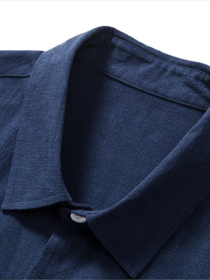 Button-Up Shirt and Drawstring Shorts Set in Linen-Rayon Blend