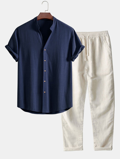 V-Neck Linen-Rayon Blend Top with Straight Leg Linen Trousers
